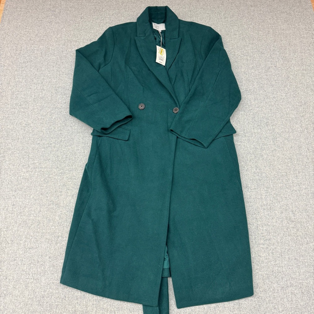 A New Day Overcoat XXL Green Double Breasted Wool Blend Long Belted Jacket NWT